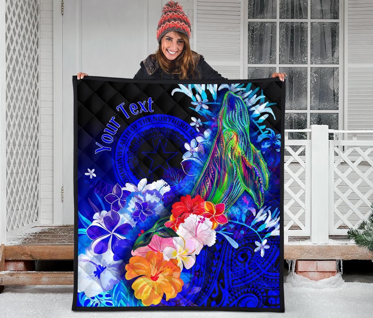 CNMI Custom Personalised Premium Quilt - Humpback Whale with Tropical Flowers (Blue)