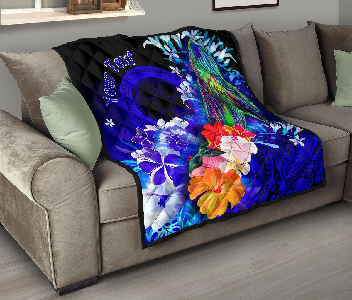 CNMI Custom Personalised Premium Quilt - Humpback Whale with Tropical Flowers (Blue)
