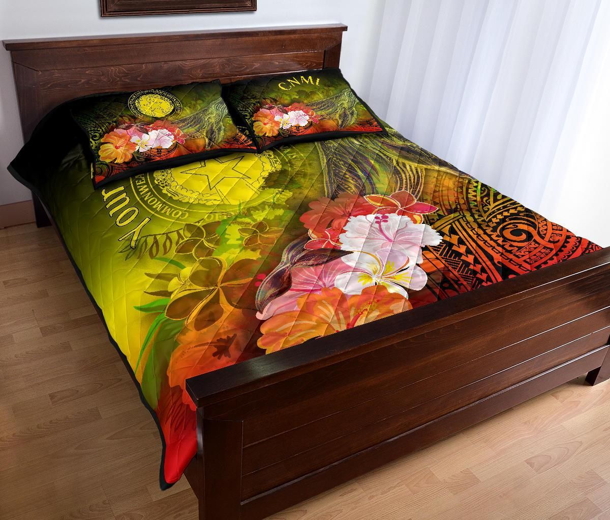 CNMI Custom Personalised Quilt Bed Set - Humpback Whale with Tropical Flowers (Yellow)