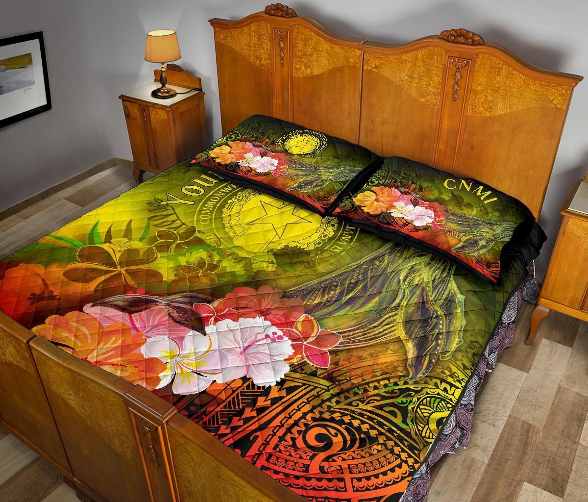 CNMI Custom Personalised Quilt Bed Set - Humpback Whale with Tropical Flowers (Yellow)