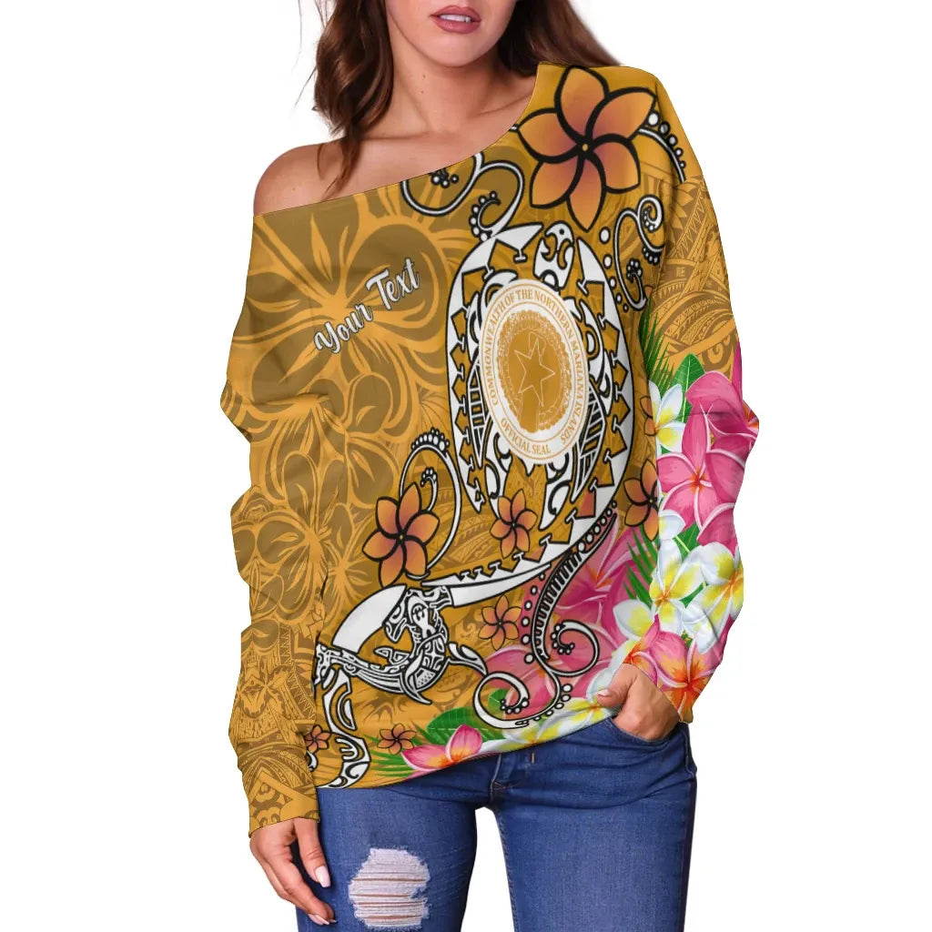 CNMI Custom Personalised Women Off Shoulder Sweater - Turtle Plumeria (Gold)