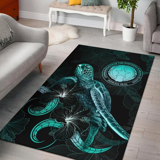 CNMI Polynesian Area Rugs - Turtle With Blooming Hibiscus Turquoise