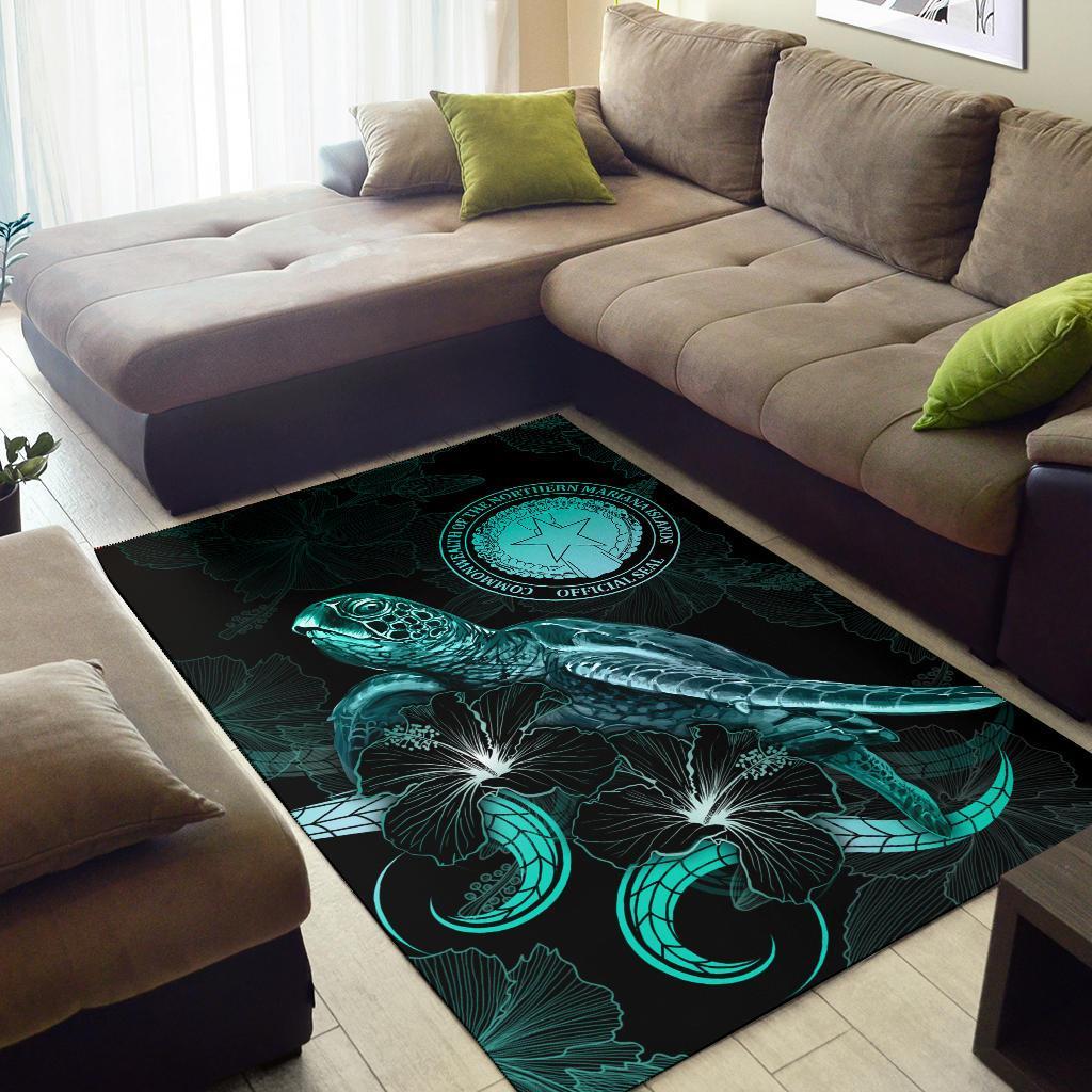 CNMI Polynesian Area Rugs - Turtle With Blooming Hibiscus Turquoise