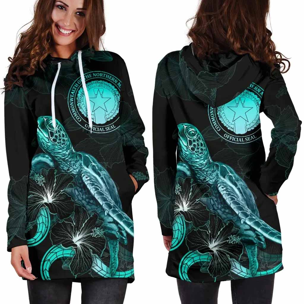 CNMI Polynesian Hoodie Dress - Turtle With Blooming Hibiscus Turquoise
