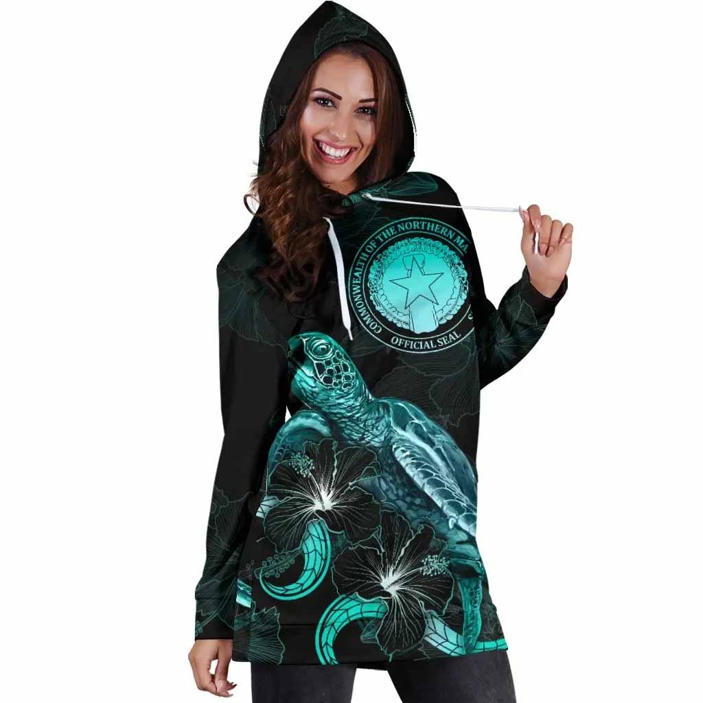 CNMI Polynesian Hoodie Dress - Turtle With Blooming Hibiscus Turquoise