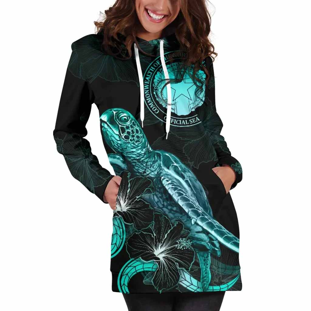 CNMI Polynesian Hoodie Dress - Turtle With Blooming Hibiscus Turquoise