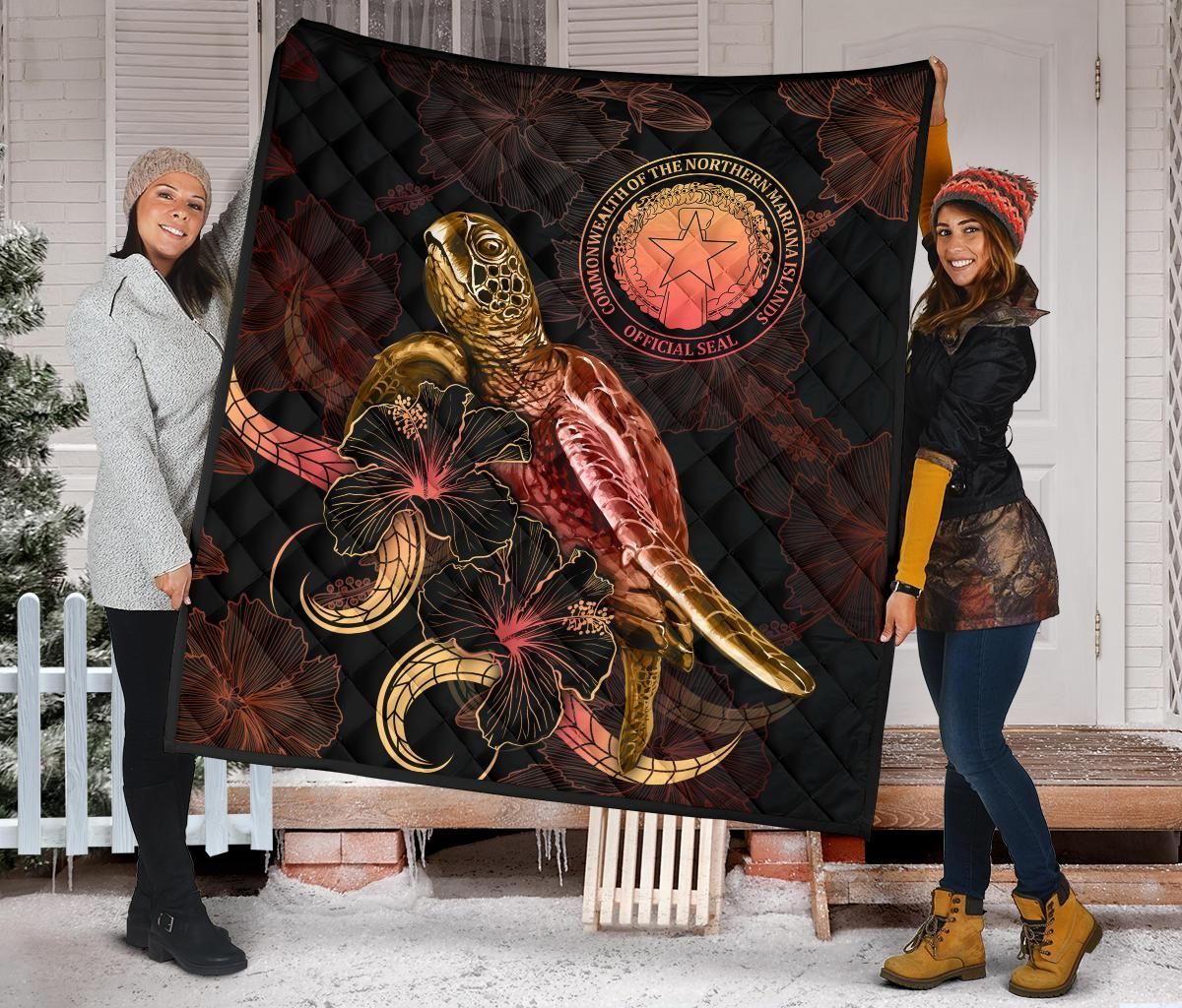 CNMI Polynesian Premium Quilt - Turtle With Blooming Hibiscus Gold