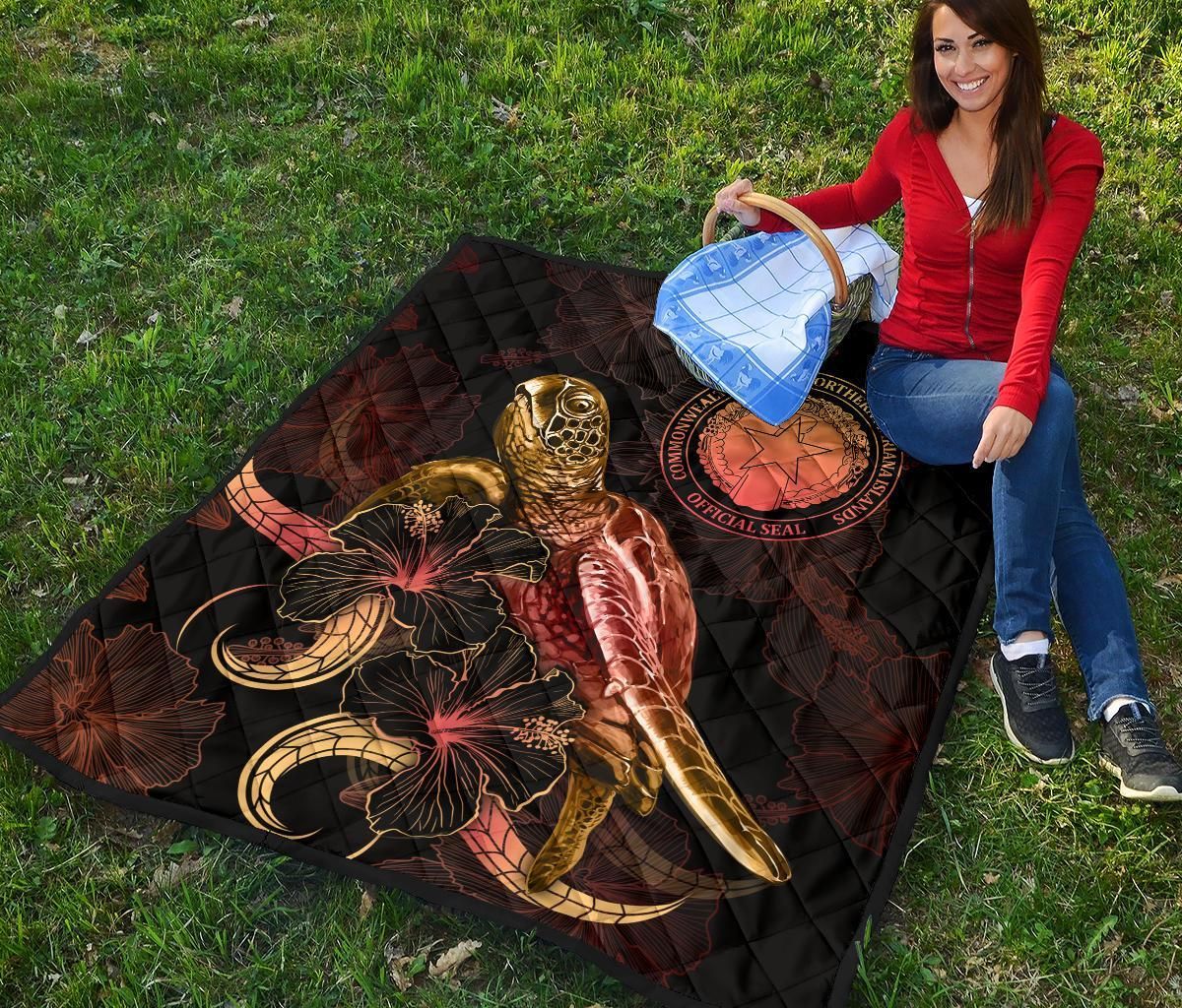 CNMI Polynesian Premium Quilt - Turtle With Blooming Hibiscus Gold