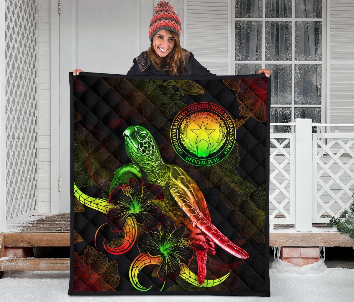 CNMI Polynesian Premium Quilt - Turtle With Blooming Hibiscus reggae