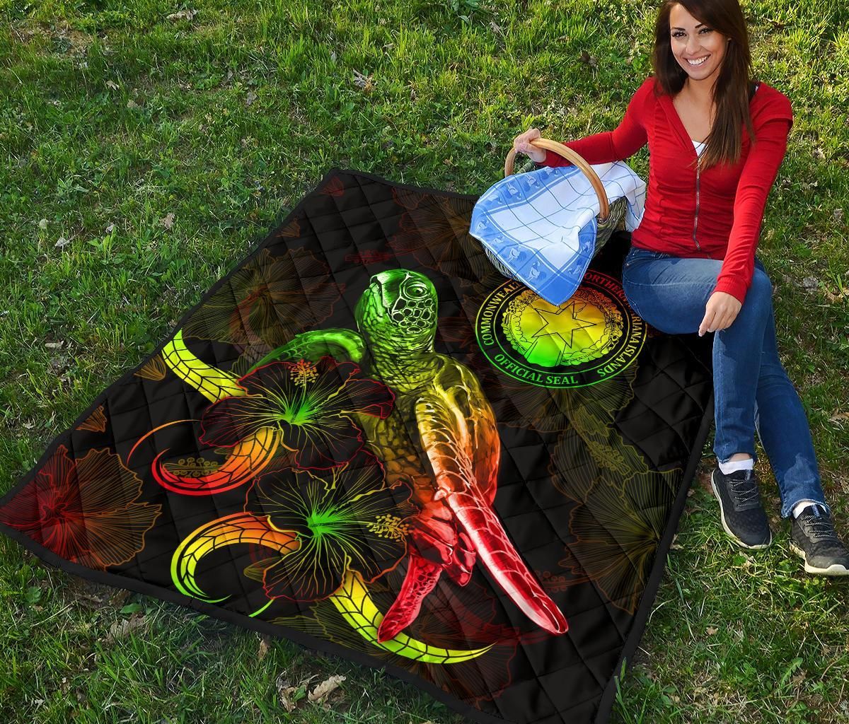 CNMI Polynesian Premium Quilt - Turtle With Blooming Hibiscus reggae