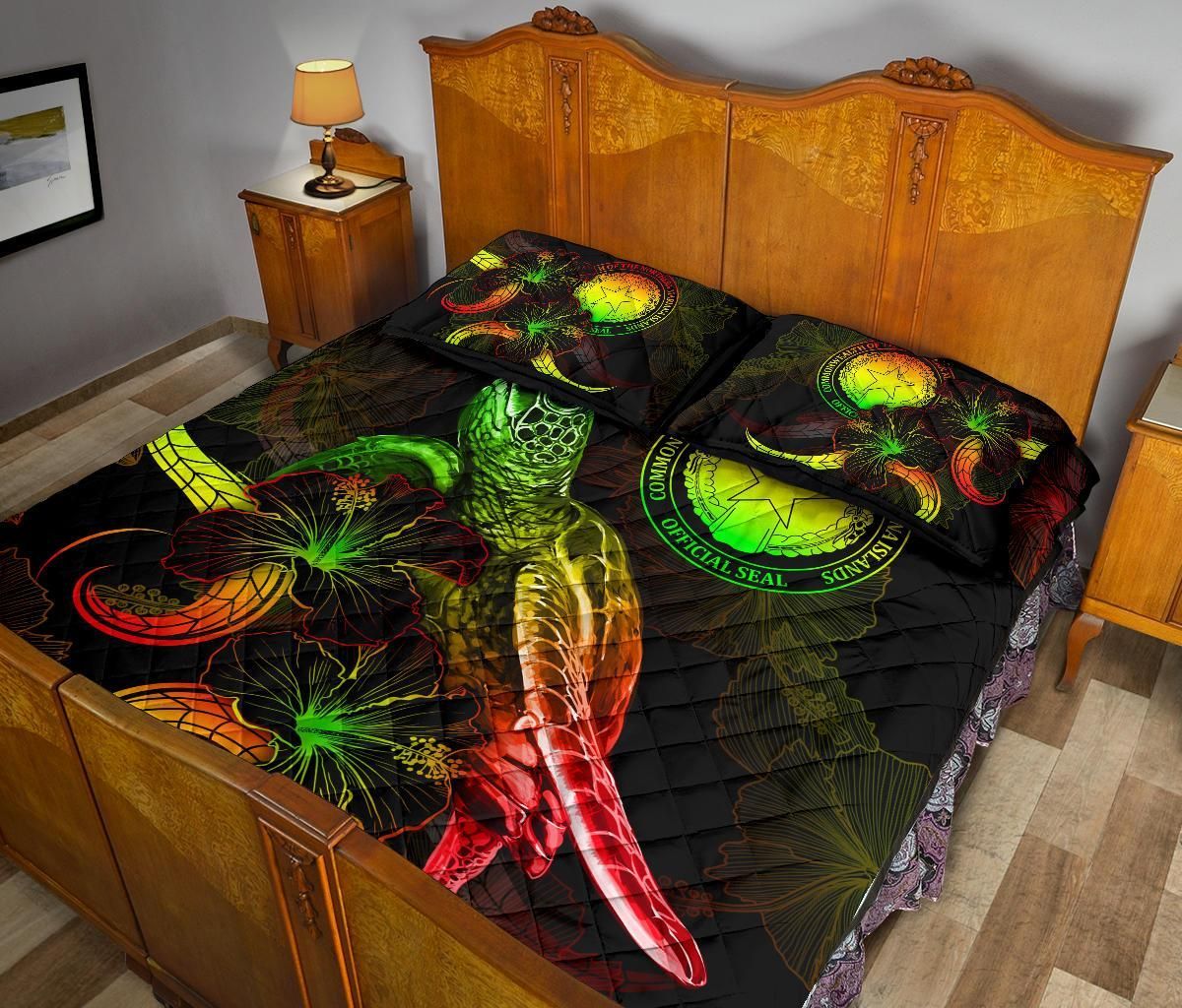 CNMI Polynesian Quilt Bed Set - Turtle With Blooming Hibiscus Reggae