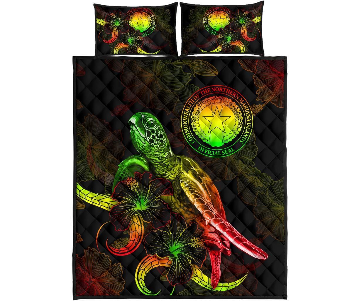 CNMI Polynesian Quilt Bed Set - Turtle With Blooming Hibiscus Reggae