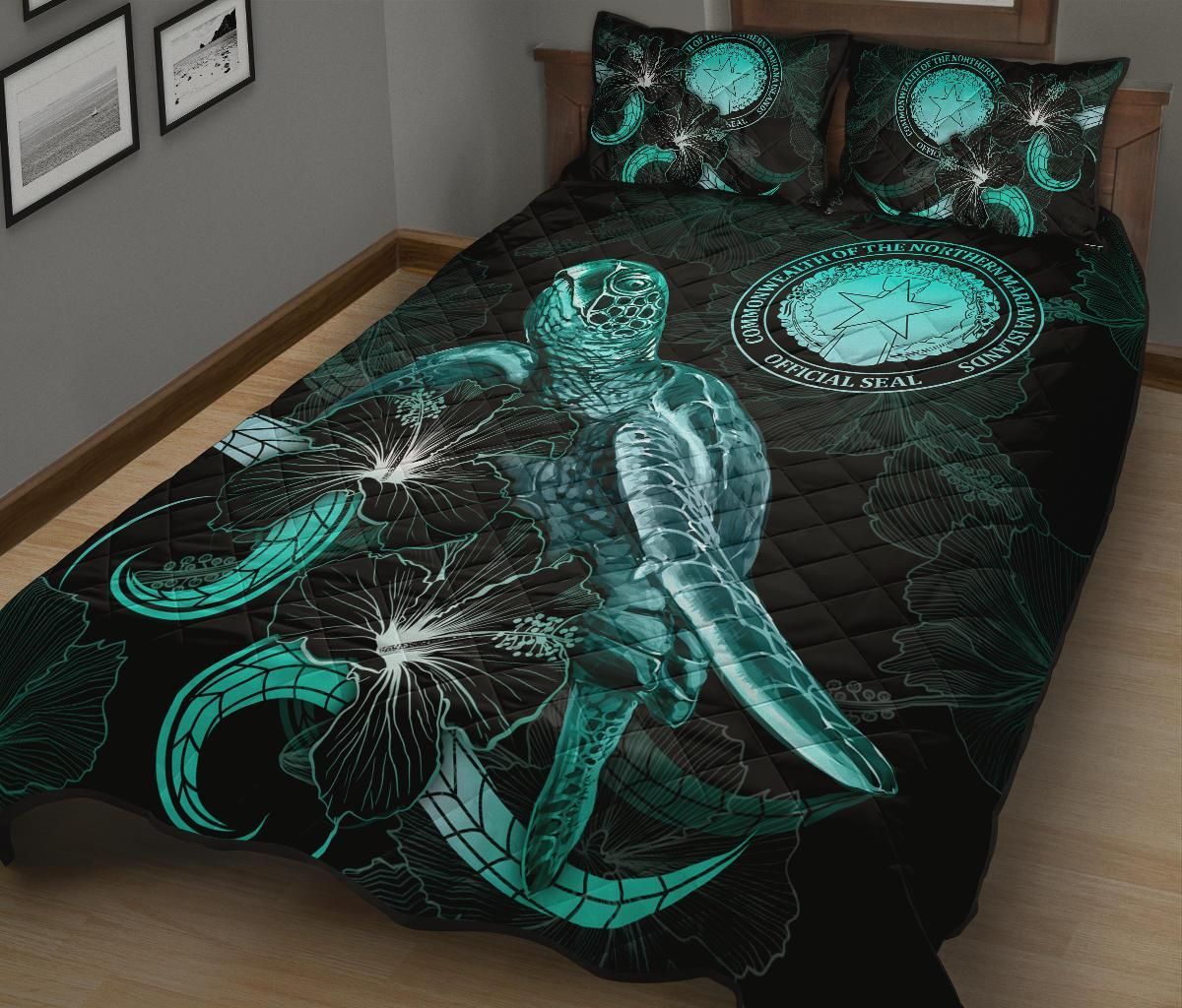 CNMI Polynesian Quilt Bed Set - Turtle With Blooming Hibiscus Turquoise