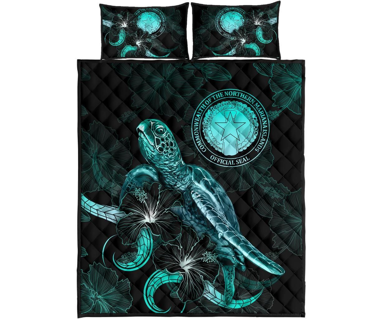 CNMI Polynesian Quilt Bed Set - Turtle With Blooming Hibiscus Turquoise