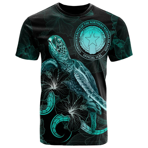 CNMI Polynesian T-Shirt - Turtle With Blooming Hibiscus Turquoise