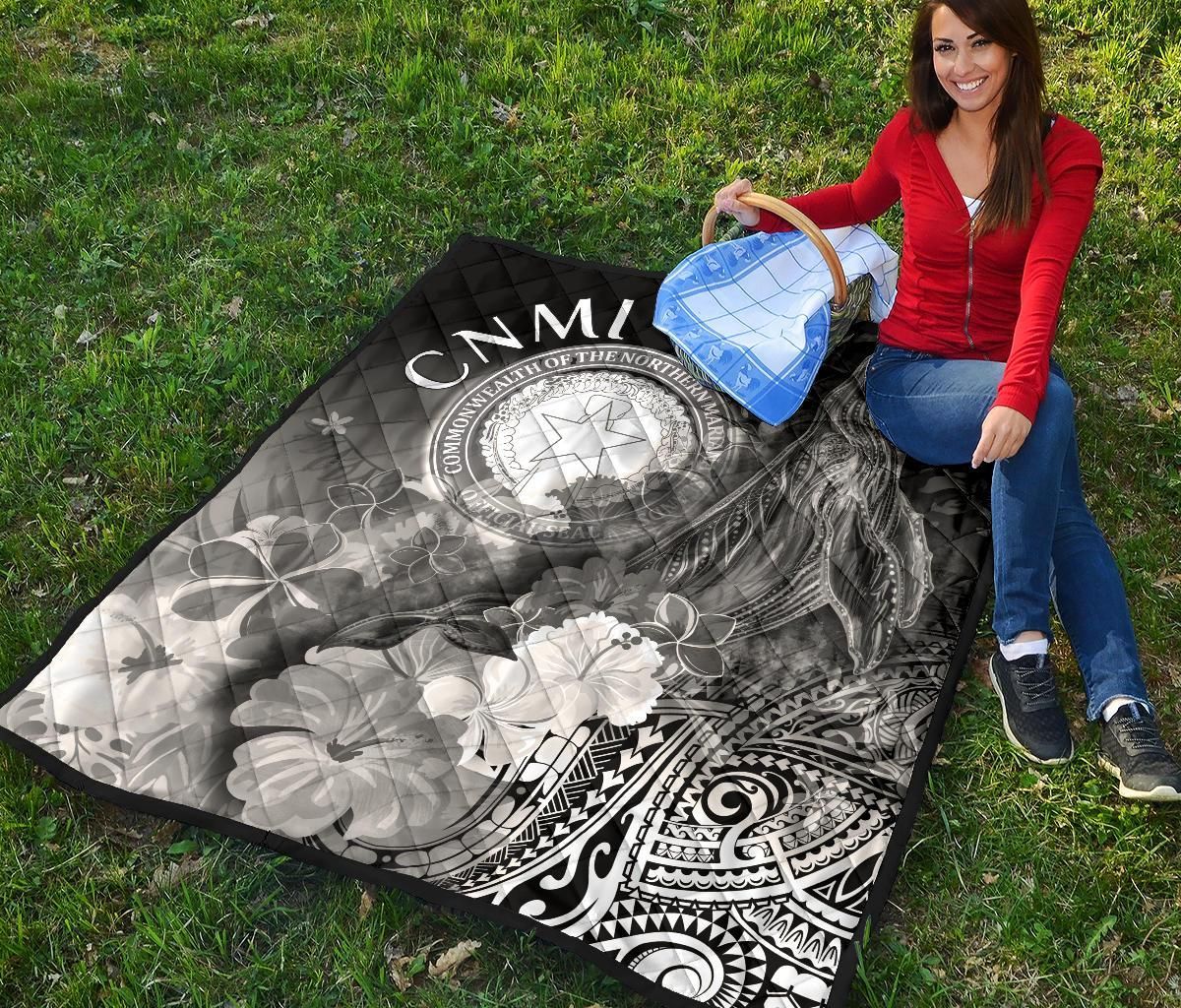 CNMI Premium Quilt - Humpback Whale with Tropical Flowers (White)