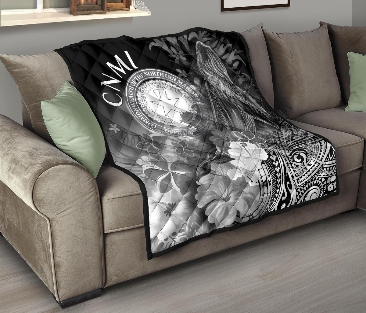 CNMI Premium Quilt - Humpback Whale with Tropical Flowers (White)