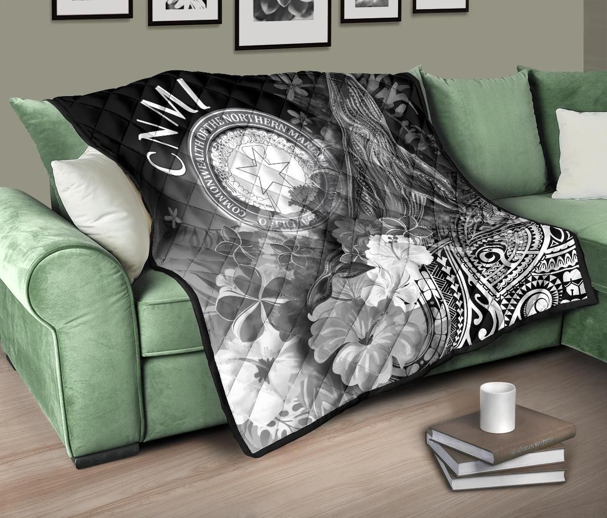 CNMI Premium Quilt - Humpback Whale with Tropical Flowers (White)