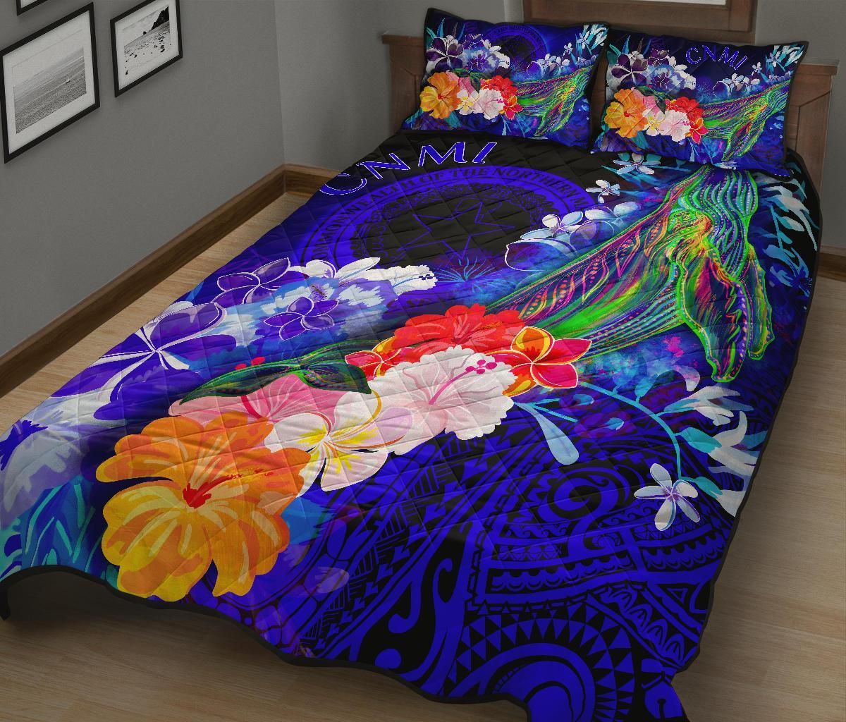 CNMI Quilt Bed Set - Humpback Whale with Tropical Flowers (Blue)
