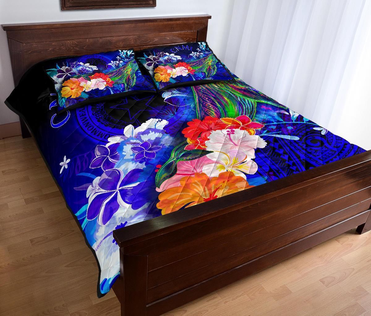 CNMI Quilt Bed Set - Humpback Whale with Tropical Flowers (Blue)