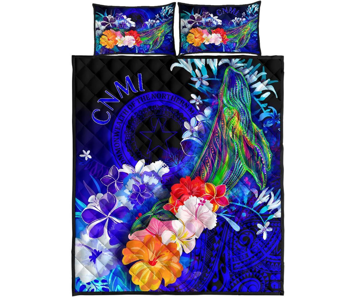 CNMI Quilt Bed Set - Humpback Whale with Tropical Flowers (Blue)