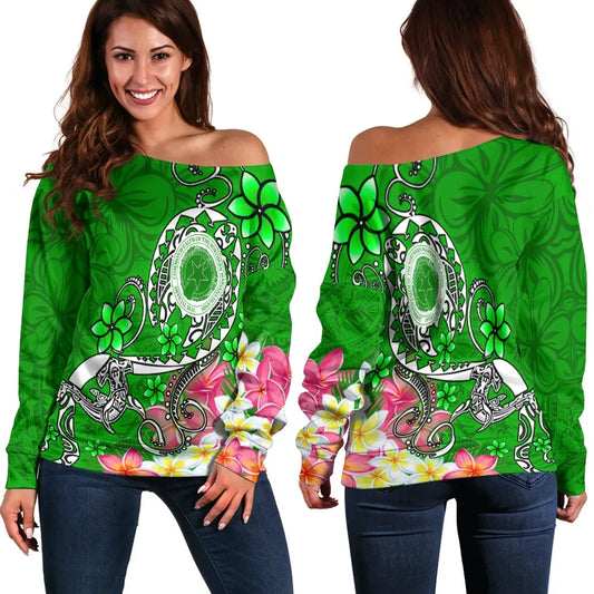 CNMI Women Off Shoulder Sweater - Turtle Plumeria (Green)