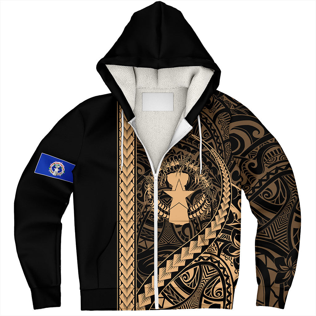 Northern Mariana Islands Sherpa Hoodie Coat Of Arms Polynesian Tribal Gold