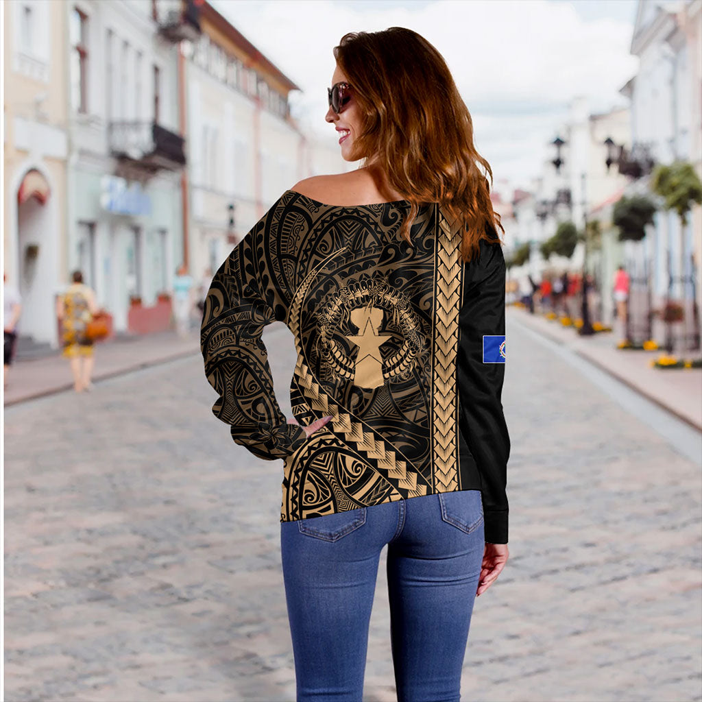 Northern Mariana Islands Off Shoulder Sweatshirt Coat Of Arms Polynesian Tribal Gold