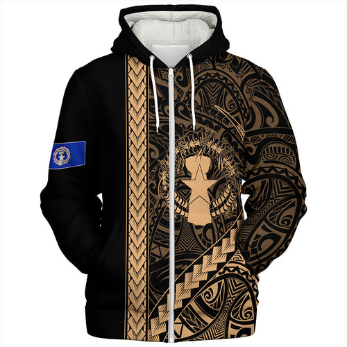 Northern Mariana Islands Sherpa Hoodie Coat Of Arms Polynesian Tribal Gold