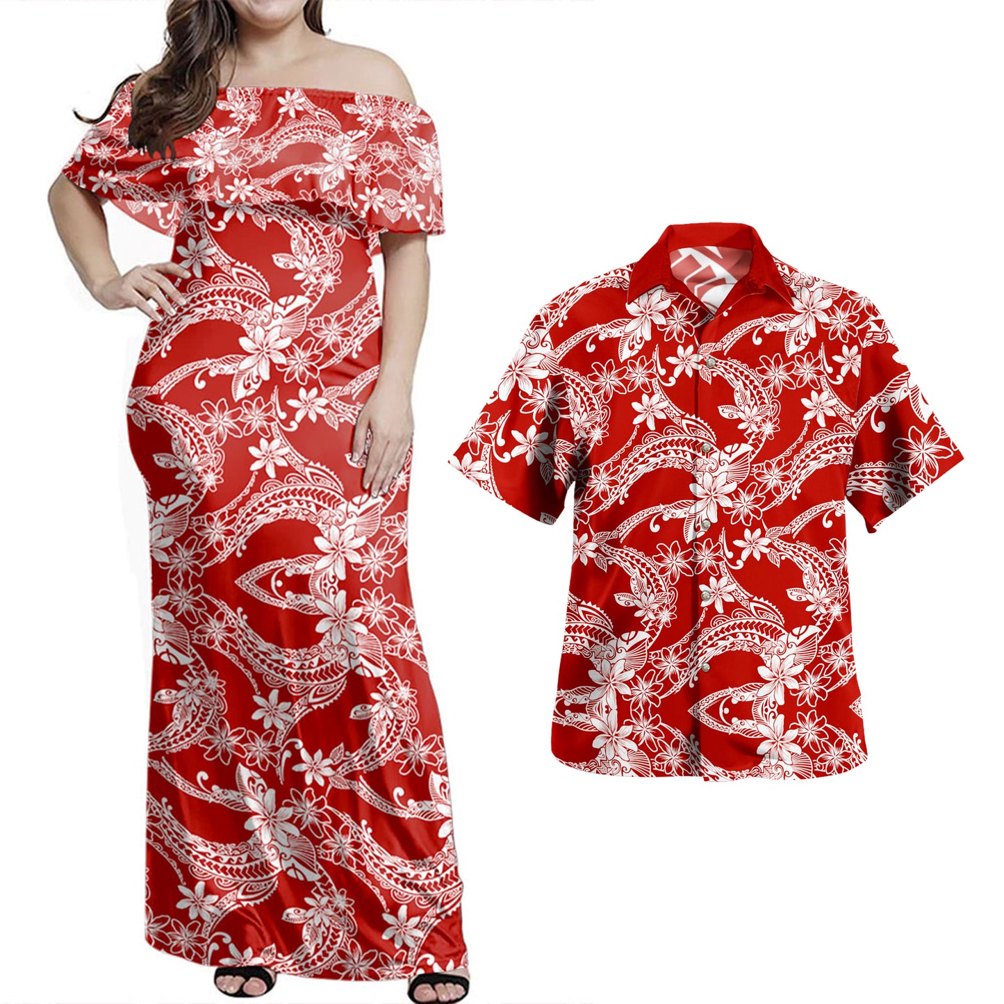 Polynesian Combo Dress And Shirt Polynesian Print Fabric And Flower Ver.1