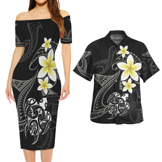 Polynesian Combo Short Sleeve Dress And Shirt Honu Plumeria Tribal Tattoo