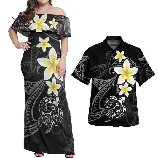 Polynesian Combo Off Shoulder Long Dress And Shirt Honu Plumeria Tribal Tattoo