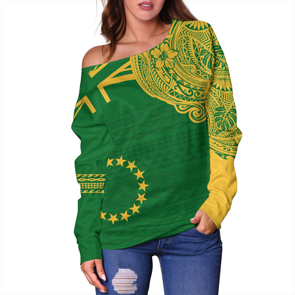 Cook Islands Off Shoulder Sweatshirt Tribal Flag With Coat Of Arms