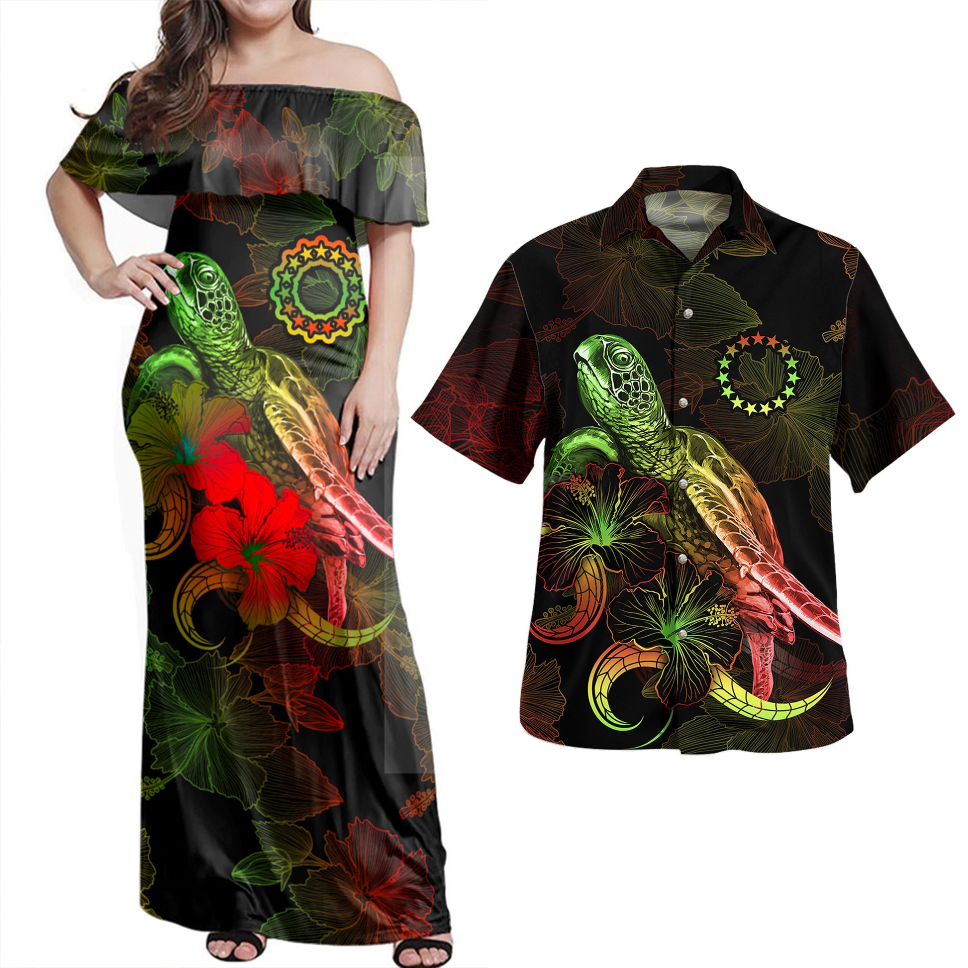 Cook Islands Combo Dress And Shirt - Sea Turtle With Blooming Hibiscus Flowers Reggae