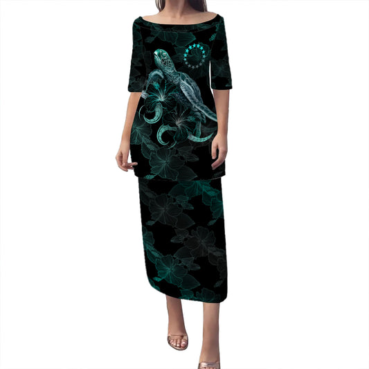 Cook Islands Puletasi - Sea Turtle With Blooming Hibiscus Flowers Turquoise