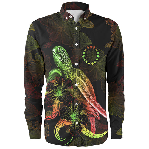 Cook Islands Long Sleeve Shirt Sea Turtle With Blooming Hibiscus Flowers Reggae