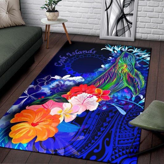 Cook Islandss Area Rug - Humpback Whale with Tropical Flowers (Blue)