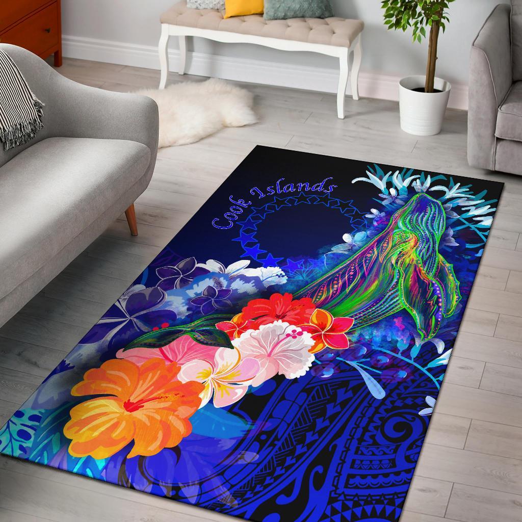 Cook Islandss Area Rug - Humpback Whale with Tropical Flowers (Blue)
