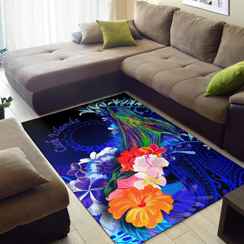 Cook Islandss Area Rug - Humpback Whale with Tropical Flowers (Blue)