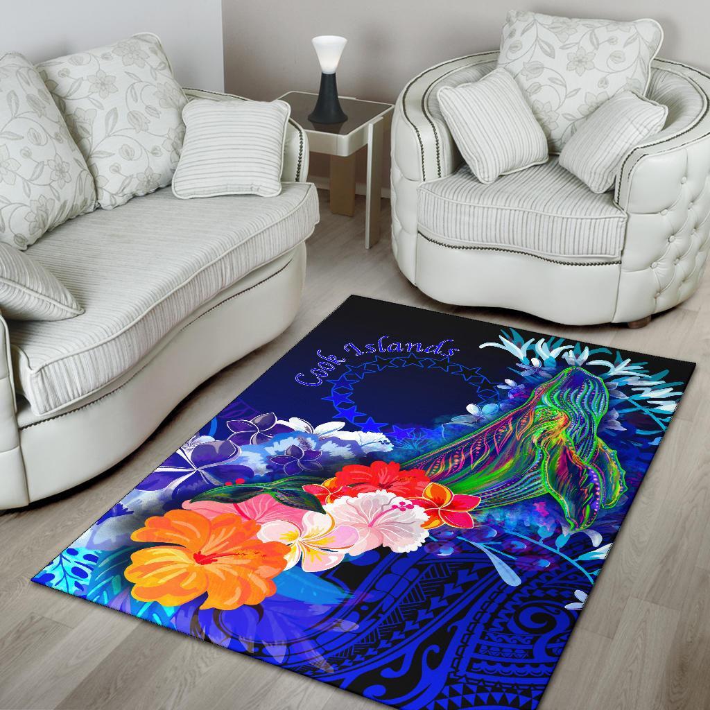 Cook Islandss Area Rug - Humpback Whale with Tropical Flowers (Blue)