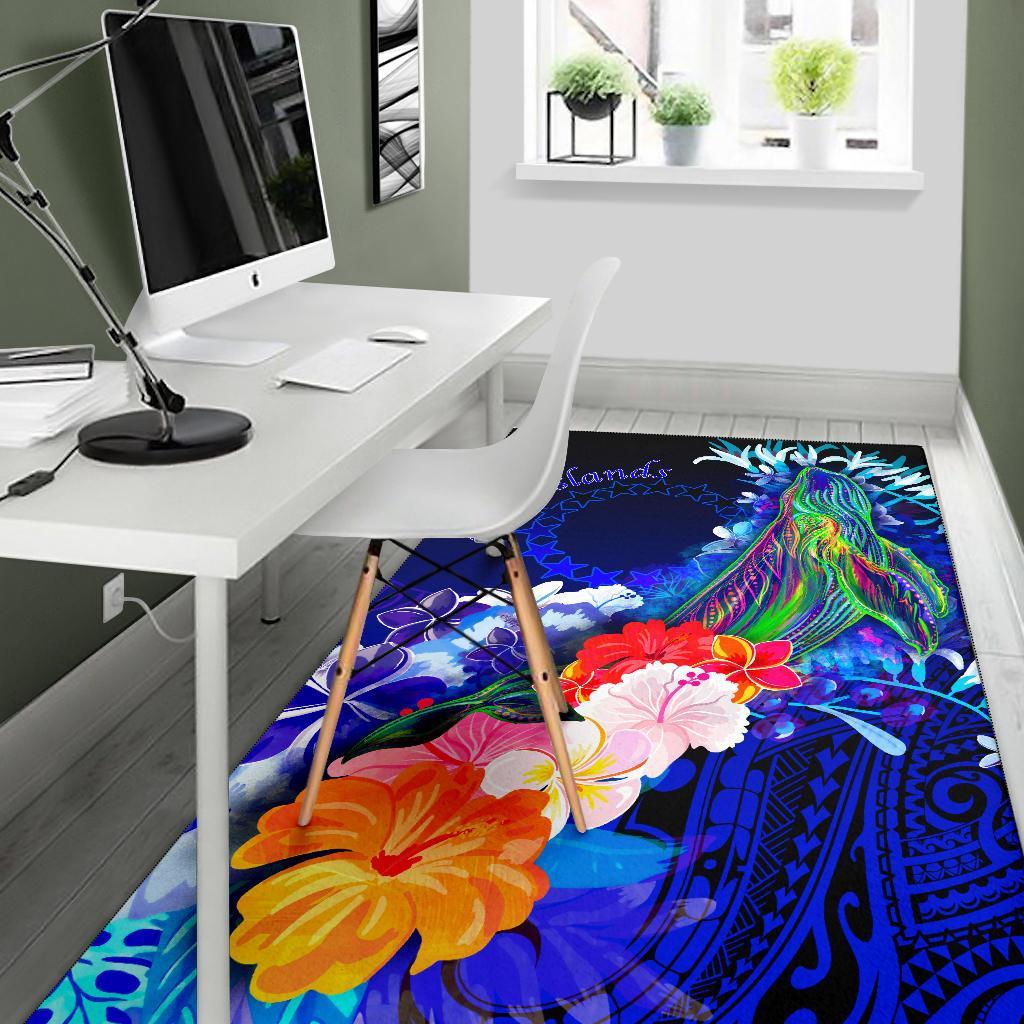 Cook Islandss Area Rug - Humpback Whale with Tropical Flowers (Blue)