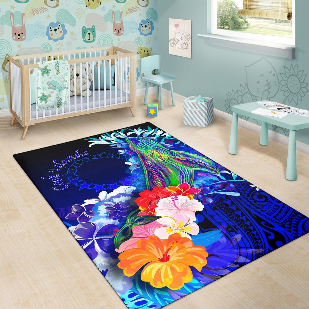 Cook Islandss Area Rug - Humpback Whale with Tropical Flowers (Blue)