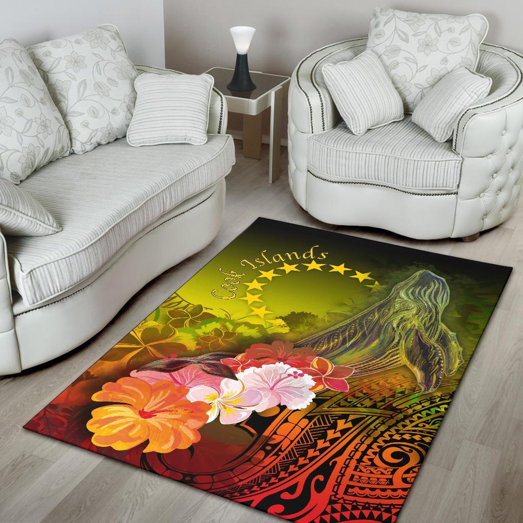 Cook Islandss Area Rug - Humpback Whale with Tropical Flowers (Yellow)
