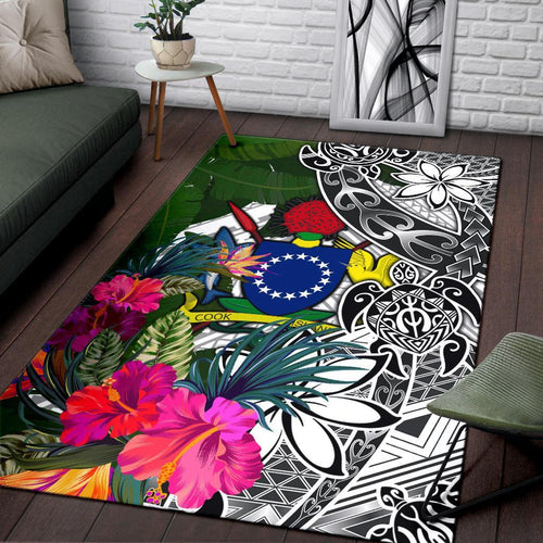 Cook Islandss Area Rug White - Turtle Plumeria Banana Leaf