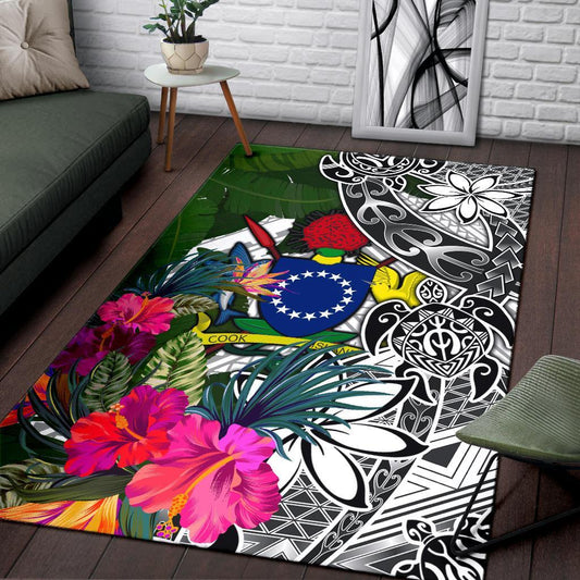 Cook Islandss Area Rug White - Turtle Plumeria Banana Leaf