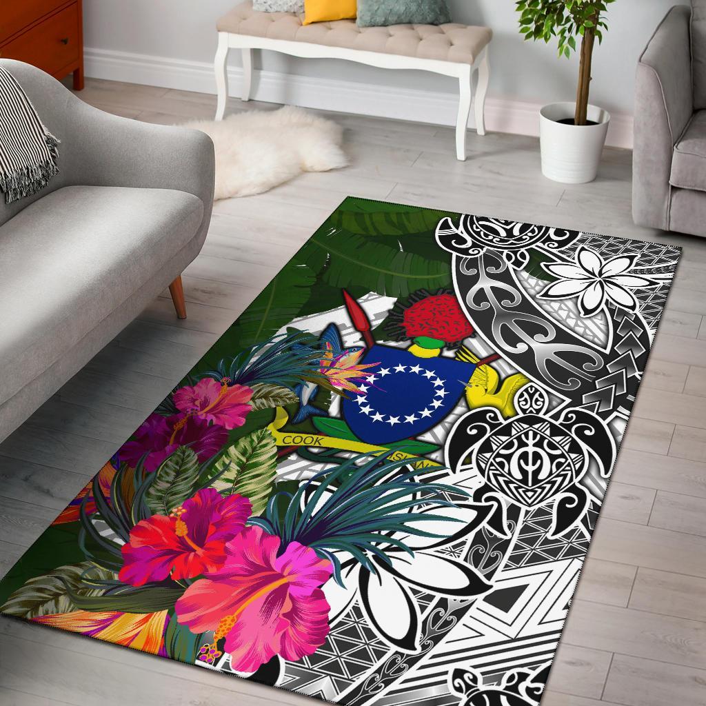 Cook Islandss Area Rug White - Turtle Plumeria Banana Leaf