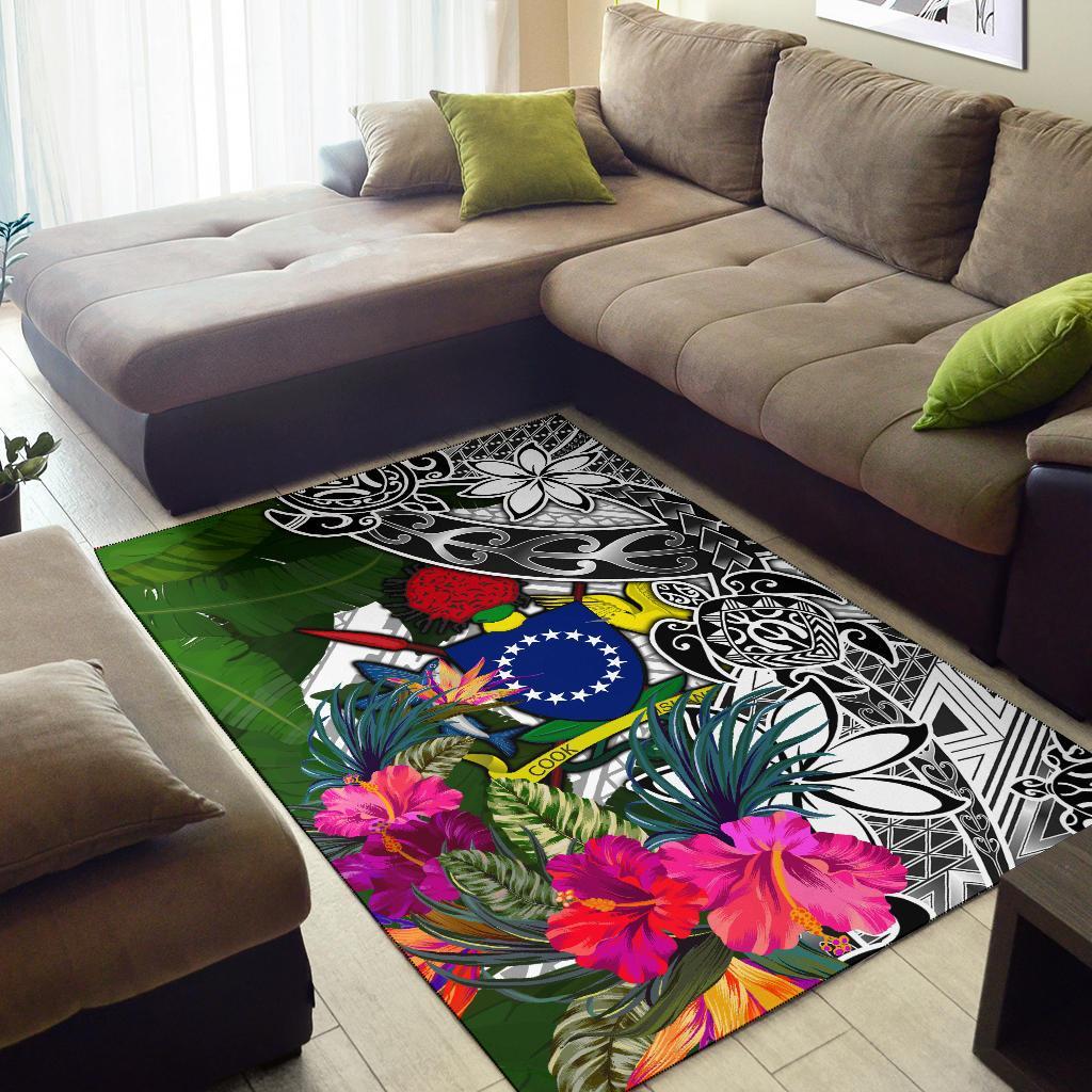 Cook Islandss Area Rug White - Turtle Plumeria Banana Leaf