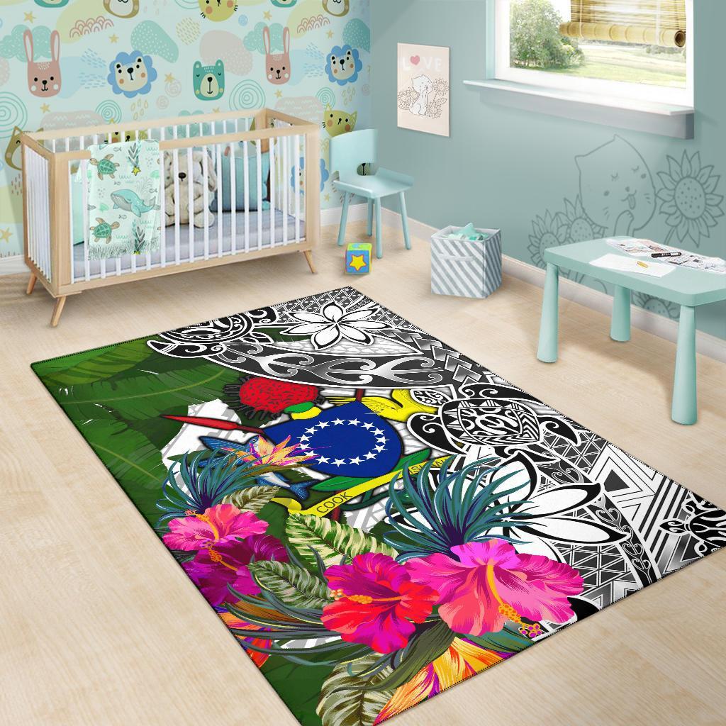 Cook Islandss Area Rug White - Turtle Plumeria Banana Leaf
