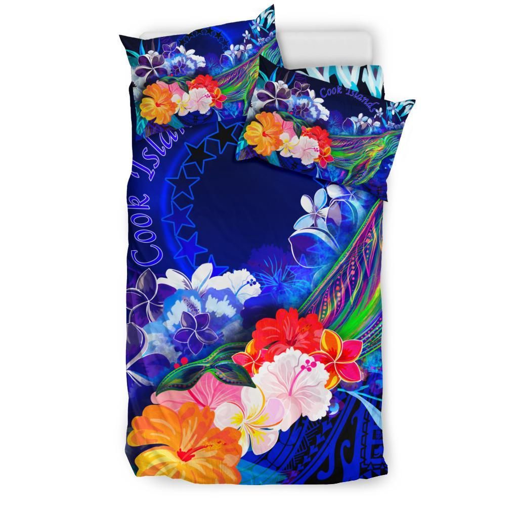 Cook Islands Bedding Set - Humpback Whale With Tropical Flowers (Blue)