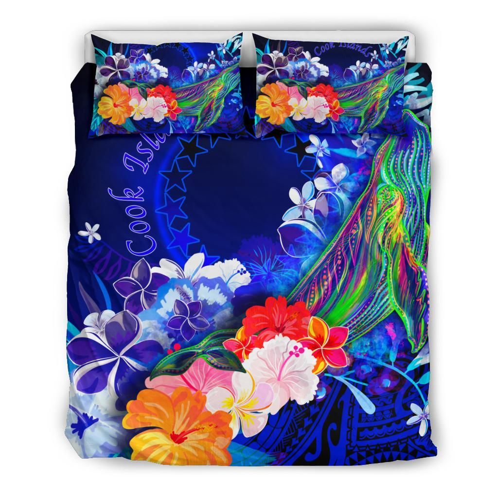 Cook Islands Bedding Set - Humpback Whale With Tropical Flowers (Blue)